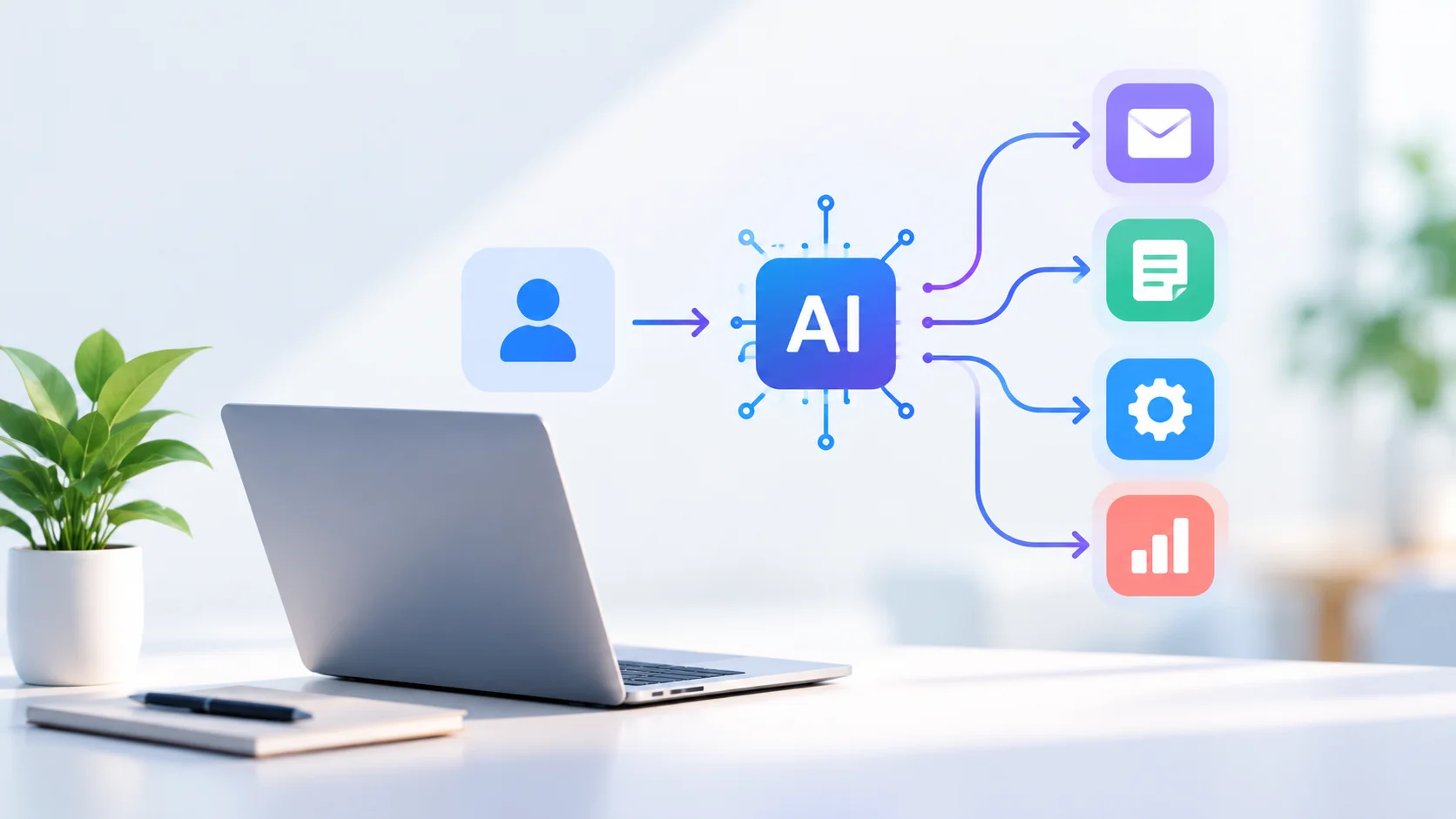AI workflow automation connecting business tasks, emails, documents, and data analytics to reduce manual work and improve operational efficiency.
